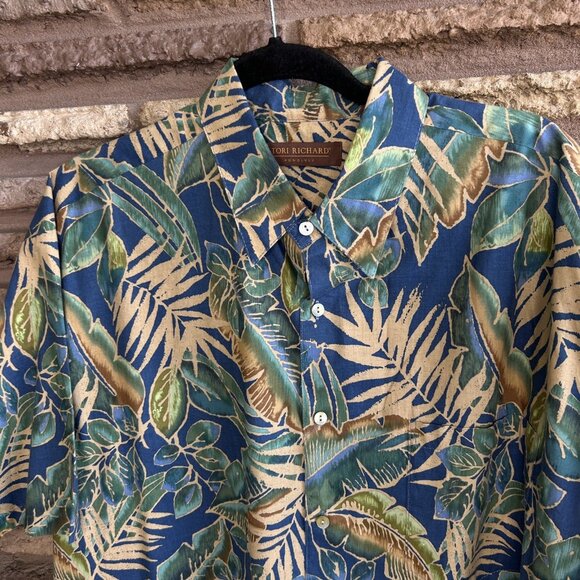 Tori Richard Vintage Hawaiian Green Blue Palm Leaf Print Cotton Lawn Aloha Shirt - Picture 4 of 9